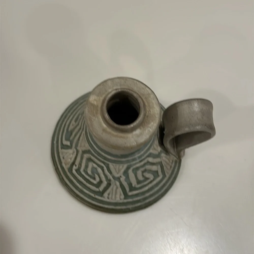 Handmade Geometric Design Pottery Candleholder Signed 4”